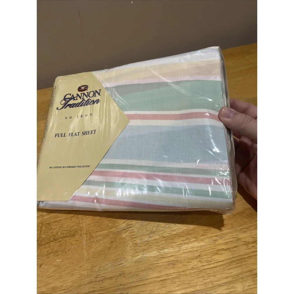 Vtg Cannon Tradition Color Delights Stripe  Pastels Cotton Blend Full Flat Sheet